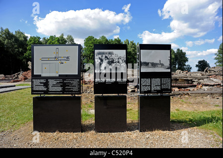 Auschwitz II Birkenau ancien camp de concentration et maintenant un musée de l'état -Tableaux d'information à côté des ruines de la chambre à gaz Banque D'Images