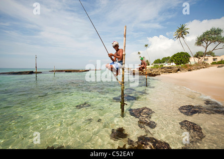 Les pêcheurs sur échasses traditionnelles au travail sur la plage près de Koggala, LKA, Sri Lanka Banque D'Images