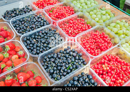 Une sélection de fruits frais colorés British soft en vente sur un marchand de Barrow à Somerset, Angleterre Royaume-uni Banque D'Images