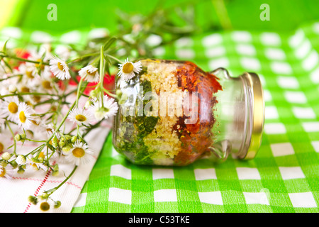 Pesto dans les couleurs nationales de l'Italie, composé de roquette et de basilic, tomates séchées et noix de pin Fromage au pesto Banque D'Images