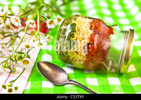 Pesto dans les couleurs nationales de l'Italie, composé de roquette et de basilic, tomates séchées et noix de pin Fromage au pesto Banque D'Images