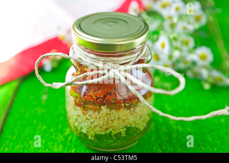 Pesto dans les couleurs nationales de l'Italie, composé de roquette et de basilic, tomates séchées et noix de pin Fromage au pesto Banque D'Images