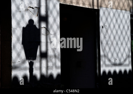 Ombre d'une lampe et de grillage de clôture sur un mur Banque D'Images