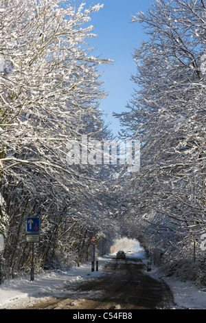 La route couverte de neige, Burghfield Common, Reading, Berkshire, England, UK Banque D'Images