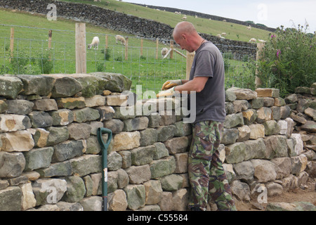 L'homme de la reconstruction d'un mur en pierre sèche dans le Yorkshire, Esk Dale près de Whitby Banque D'Images