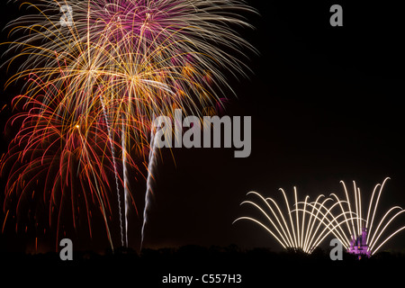 Walt Disney World Magic Kingdom haut Fireworks dans sky vue panoramique de Grand Floridian Resort lumière pourpre sur le Château de Cendrillon de petite échelle ajoute Banque D'Images