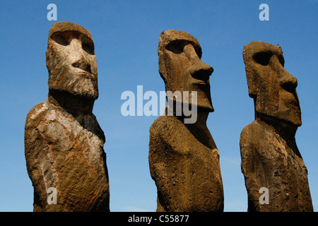 Low angle view of Moai statues, Rano Raraku, Ahu Tongariki, île de Pâques, Chili Banque D'Images