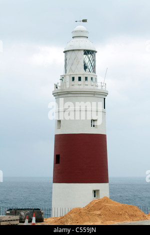 Les vagues de l'océan et le phare sur la pointe d'Europa Point au détroit de Gibraltar. Mer Méditerranée. Banque D'Images