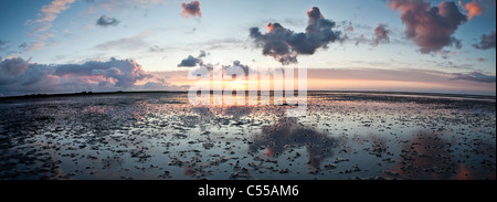 Les Pays-Bas, l'île d'Ameland, Hollum, appartenant à des îles de la mer des Wadden. Unesco World Heritage Site. Les vasières. Le lever du soleil. Banque D'Images