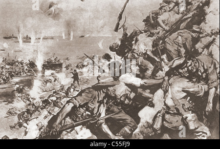 Les troupes australiennes et néo-zélandaises l'atterrissage sur la plage de Gallipoli, en Turquie, le 25 avril 1915 pendant la Première Guerre mondiale. Banque D'Images