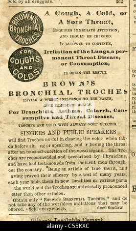 1867 gravure, Brown's Troches bronchique pour la bronchite, l'Asthme, catarrhe, consommation et de la gorge. Banque D'Images