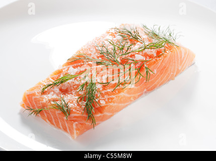Le sel et le sucre guéri, saumon Gravlax scandinave traditionnelle appelée "' sur une plaque blanche. Banque D'Images