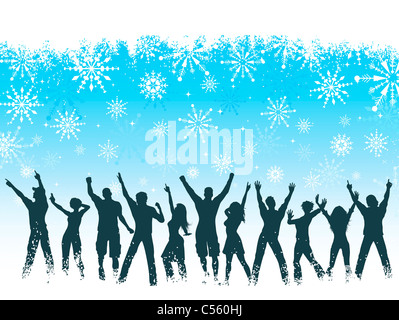 Silhouettes de personnes dansant sur snowflake background Banque D'Images