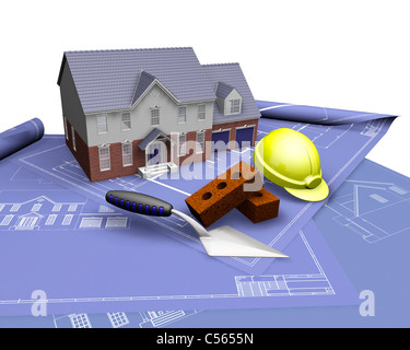 3D render of a house sur les bleus avec des outils de construction Banque D'Images