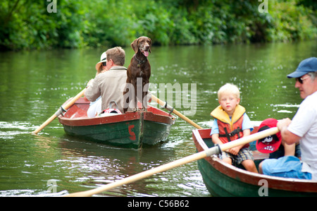 Les gens s'amusant sur la rivière Wey Navigations près de GODALMING Surrey, UK. Un chien fait le guet. Banque D'Images