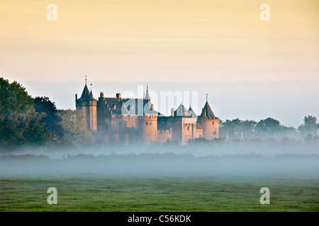 Les Pays-Bas, Lemmer, Château Muiderslot dans le brouillard à l'aube. Banque D'Images