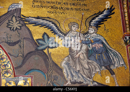 Une mosaïque représentant Jacob lutte avec un ange dans la cathédrale de Monreale Banque D'Images