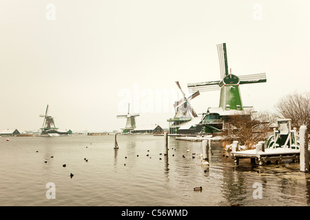 Zaanse Schans, village sur les rives de la rivière Zaan avec maisons en bois verte caractéristique, historique des moulins à vent. L'hiver, la neige. Banque D'Images