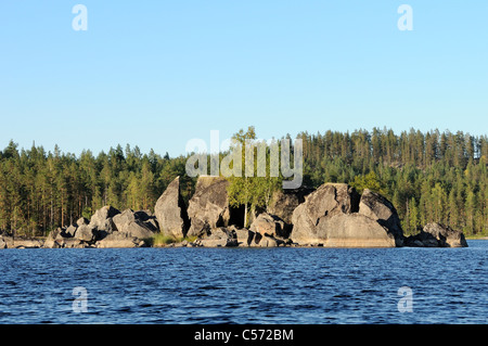 Rocky Island sur le lac Saimaa, avec des arbres de bouleau verruqueux (Betula pendula) croissant entre d'énormes rochers de granit, fissurées, Finlande. Banque D'Images