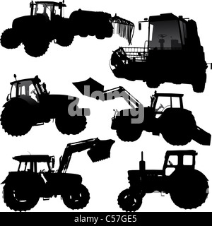 Jeu de silhouettes vecteur du tracteur et de la moissonneuse-batteuse Banque D'Images