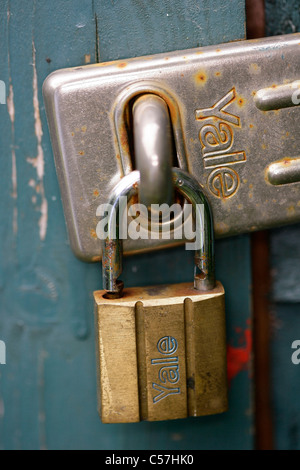 Un vieux cadenas Yale sur un abri de jardin. Photo par James Boardman. Banque D'Images