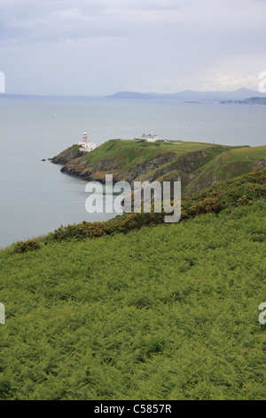 L'Irlande, Dublin, Howth, rochers, mer, nuages, littoral, Lighthouse, vert, les plantes, la végétation Banque D'Images