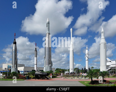 Rocket Garden, centre spatial Kennedy, près de Titusville, Floride, USA, United States, l'Amérique, les roquettes, les voyages dans l'espace, musée Banque D'Images