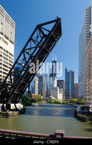 Vieux, Pont, Rivière Chicago, Downtown, Chicago, Illinois, USA, United States, Amérique du Nord, ville, Horizon, bâtiments, river Banque D'Images