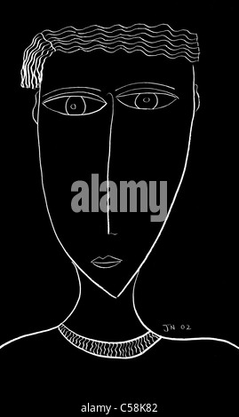 Portrait minimaliste en noir et blanc tête d'homme – dessin de visage au trait Banque D'Images