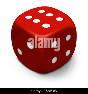 3D moderne red dice/die qui sort un six, isolé sur un fond blanc avec l'ombre. Banque D'Images