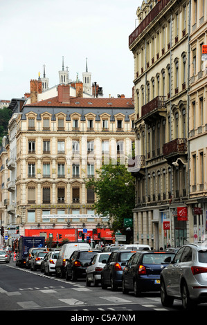 Embouteillage au centre de Lyon, France. Banque D'Images