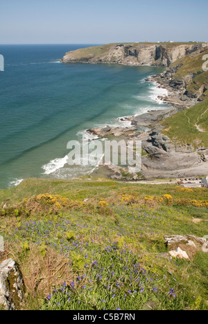 Près de Trebarwith Strand Tintagel Cornwall sur la côte de l'Atlantique, un très populaire plage à marée basse à moyenne Banque D'Images