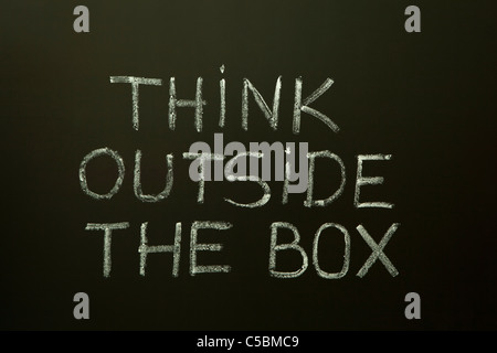 À propos de l'image Concept ou non classiques de la pensée différente. "Penser en dehors de la boîte' à la main avec craie blanche sur un tableau noir. Banque D'Images