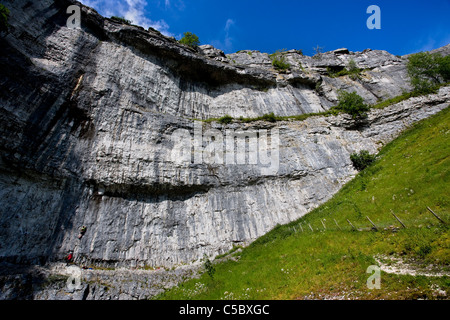 À la recherche jusqu'à l'amphithéâtre de falaises en forme de Malham Cove, Malhamdale, Yorkshire Dales Banque D'Images