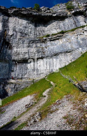 À la recherche jusqu'à l'amphithéâtre de falaises en forme de Malham Cove, Malhamdale, Yorkshire Dales Banque D'Images