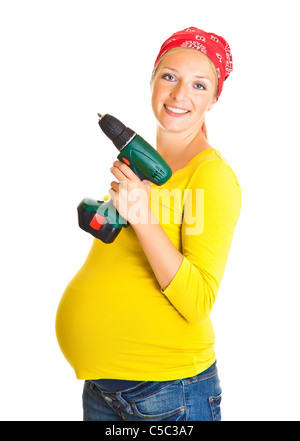 Femme enceinte avec powertools isolated on white Banque D'Images