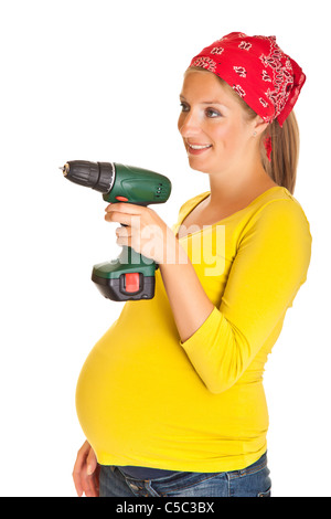 Femme enceinte avec powertools isolated on white Banque D'Images