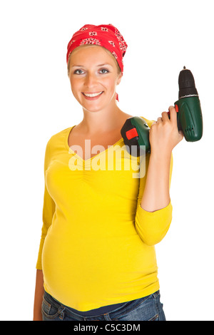 Femme enceinte avec powertools isolated on white Banque D'Images