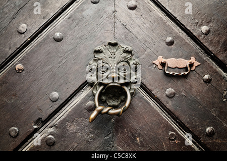 Un lion heurtoir avec un serpent anneau encoiled dans sa bouche sur une ancienne porte à Bamberg, Allemagne. Banque D'Images