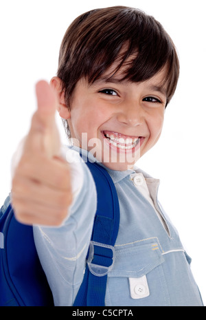 Smiling kinder garden boy donne Thumbs up isolées sur fond blanc Banque D'Images