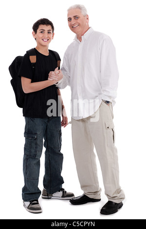 Père donnant une poignée de main à son fils sur fond blanc Banque D'Images