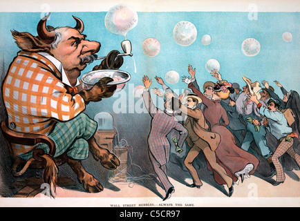 Bulles de Wall Street - toujours la même - Caricature de John Pierpont Morgan comme un taureau souffler des bulles, vers 1901 Banque D'Images