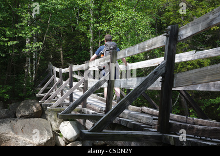 Pemigewasset Wilderness - Un randonneur sur la passerelle en bois qui traverse le bras est de la rivière Pemigewasset dans le New Hampshire. Banque D'Images