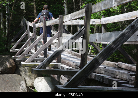 Pemigewasset Wilderness - Un randonneur sur la passerelle en bois qui traverse le bras est de la rivière Pemigewasset dans le New Hampshire. Banque D'Images