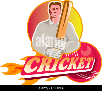 Illustration d'un joueur de cricket bat batteur avec vue de face sur fond isolé avec boule de feu et de cricket word Banque D'Images