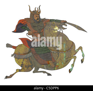 Illustration d'un Samouraï guerrier avec épée un cheval vu de côté sur fond isolé Banque D'Images