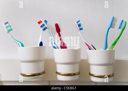 Close-up de brosses à dents à trois porteurs de la rangée contre le mur dans la salle de bains