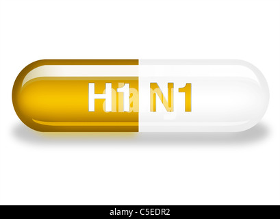 Illustration d'une seule gélule de Tamiflu avec h1n1 Relief. médicament pour la grippe aviaire et porcine Banque D'Images