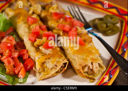 Enchiladas au poulet fait maison avec sauce au piment vert et une garniture. Banque D'Images