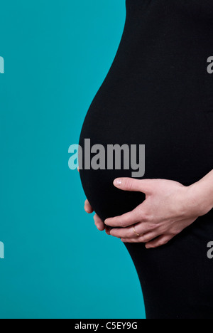 Profil d'un pregnant woman touching her belly Banque D'Images